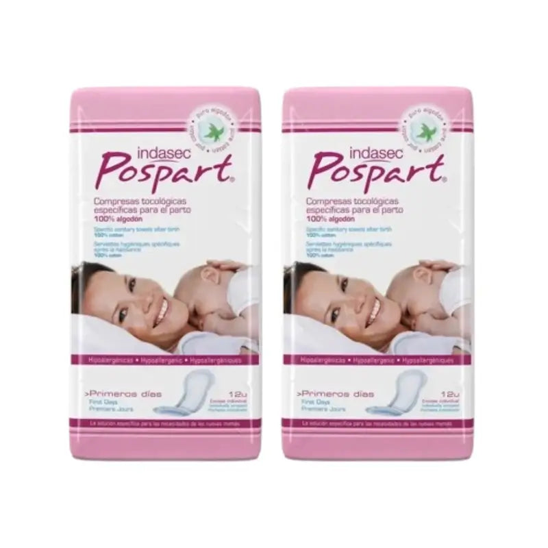 Indasec Postpart Compress Baumwolle erste Tage, Pack 2 x 12 Einheiten