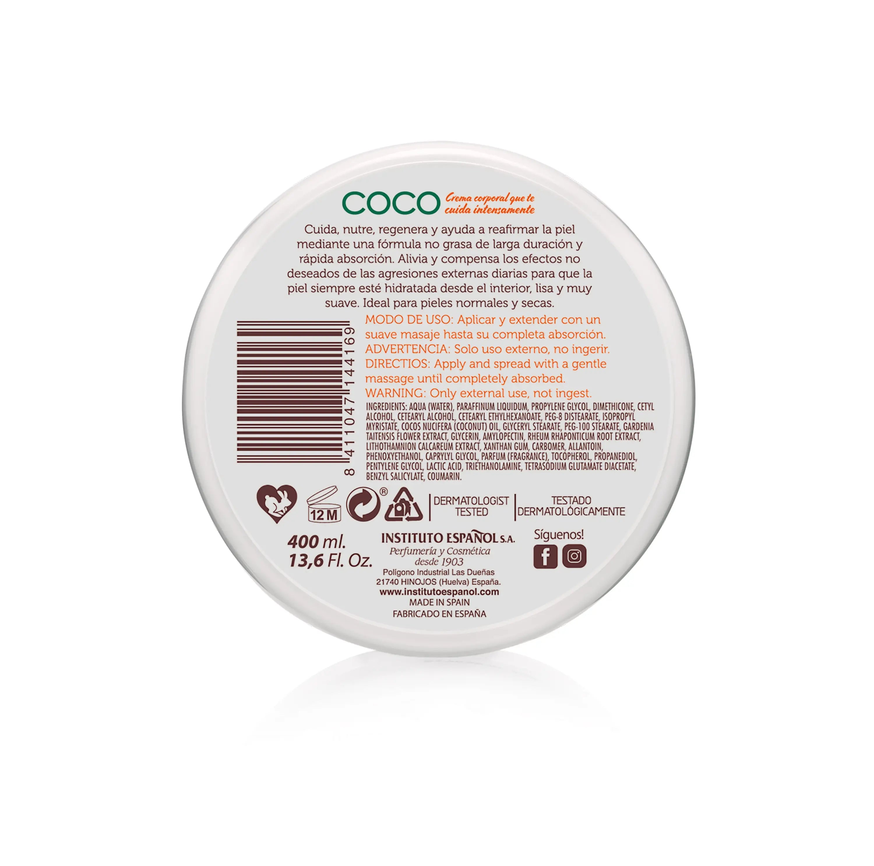 Instituto Español Kokosnuss Körpercreme Tiegel - 400 Ml