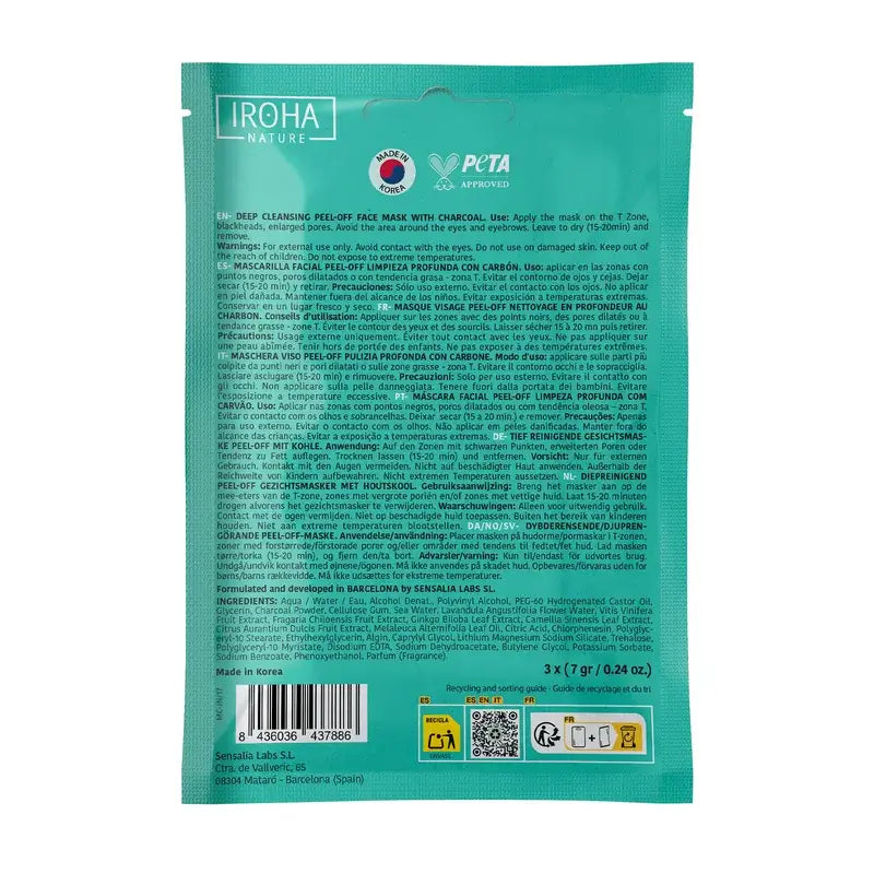 Iroha Nature Peel Off Deep Cleansing Charcoal Mask, 3 Stück, 1 Gramm