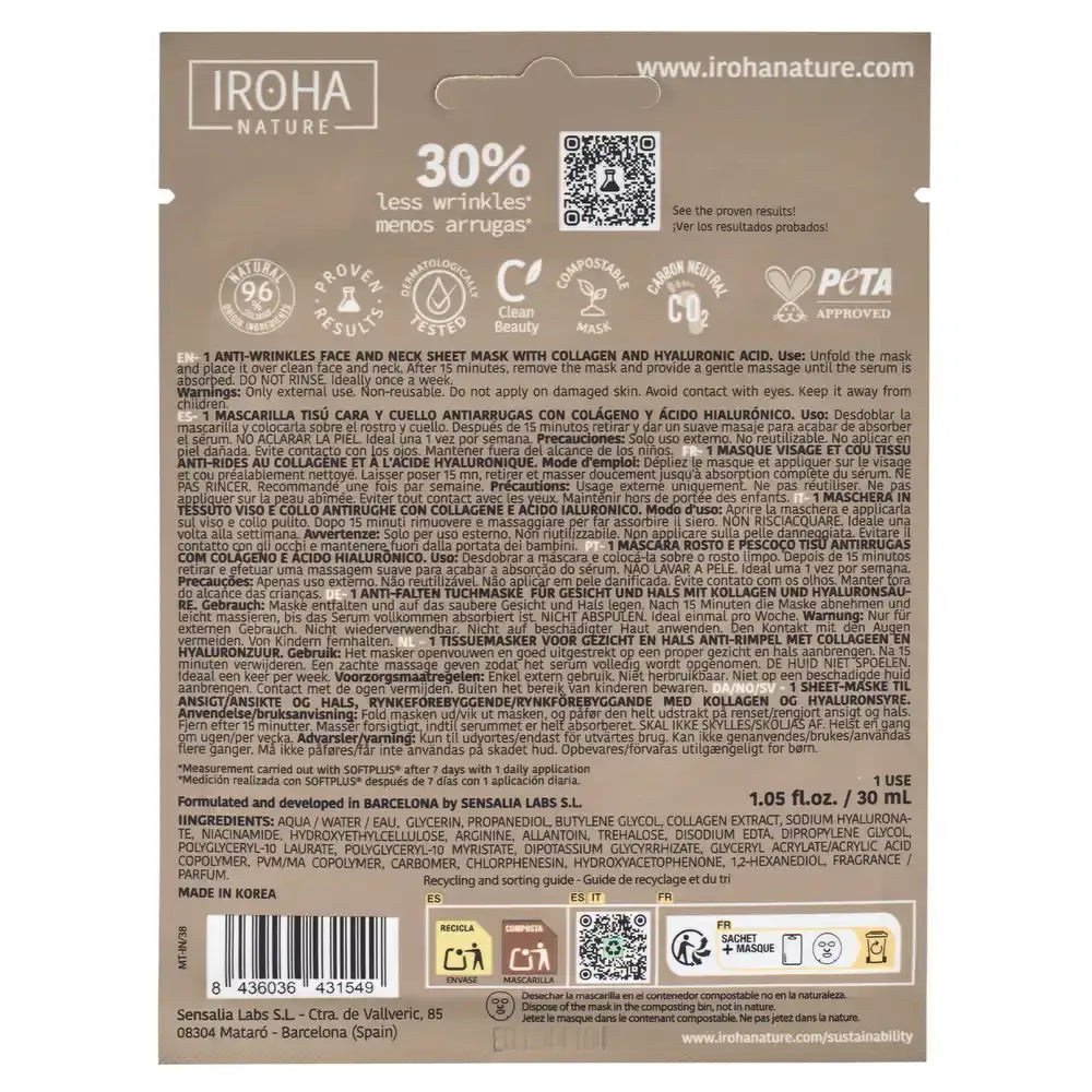 Iroha Nature Anti-Falten Gesichts- und Halsgewebemaske - Kollagen, 30 ml