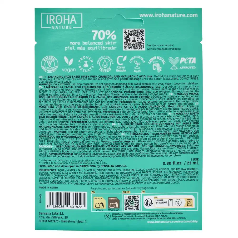 Iroha Nature Balancing Facial Tissue Mask - Kohle , 23 ml
