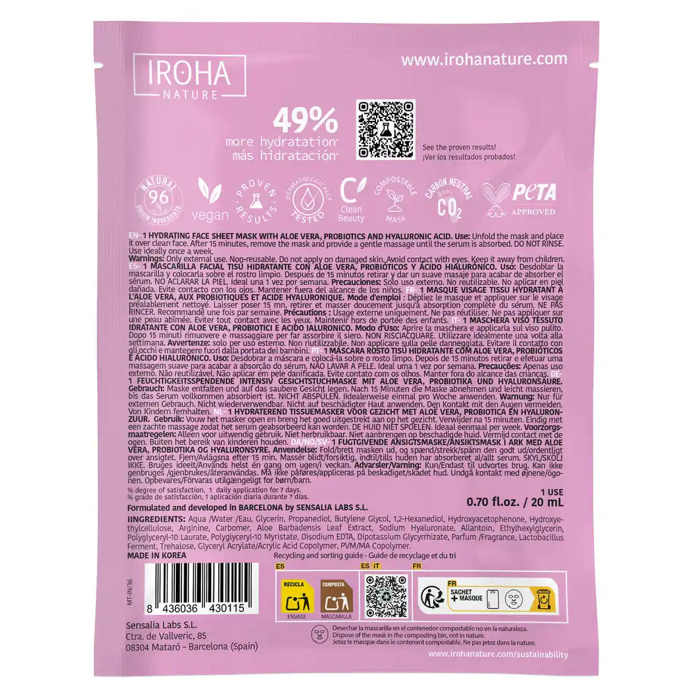 Iroha Nature Feuchtigkeitsspendende Gesichtstuchmaske - Aloe Vera , 20 ml