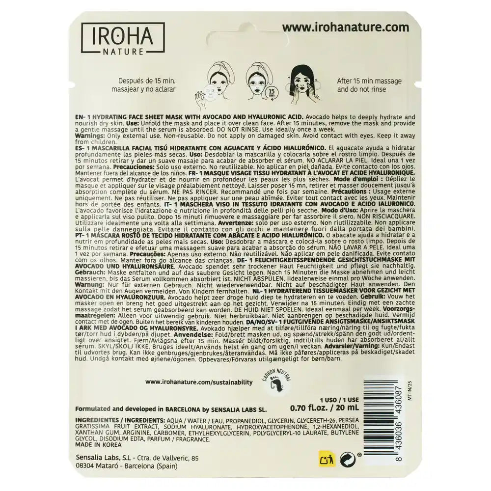 Iroha Nature Natürliche Extrakte Avocado Feuchtigkeitsspendende Gesichtsmaske, 20 Ml