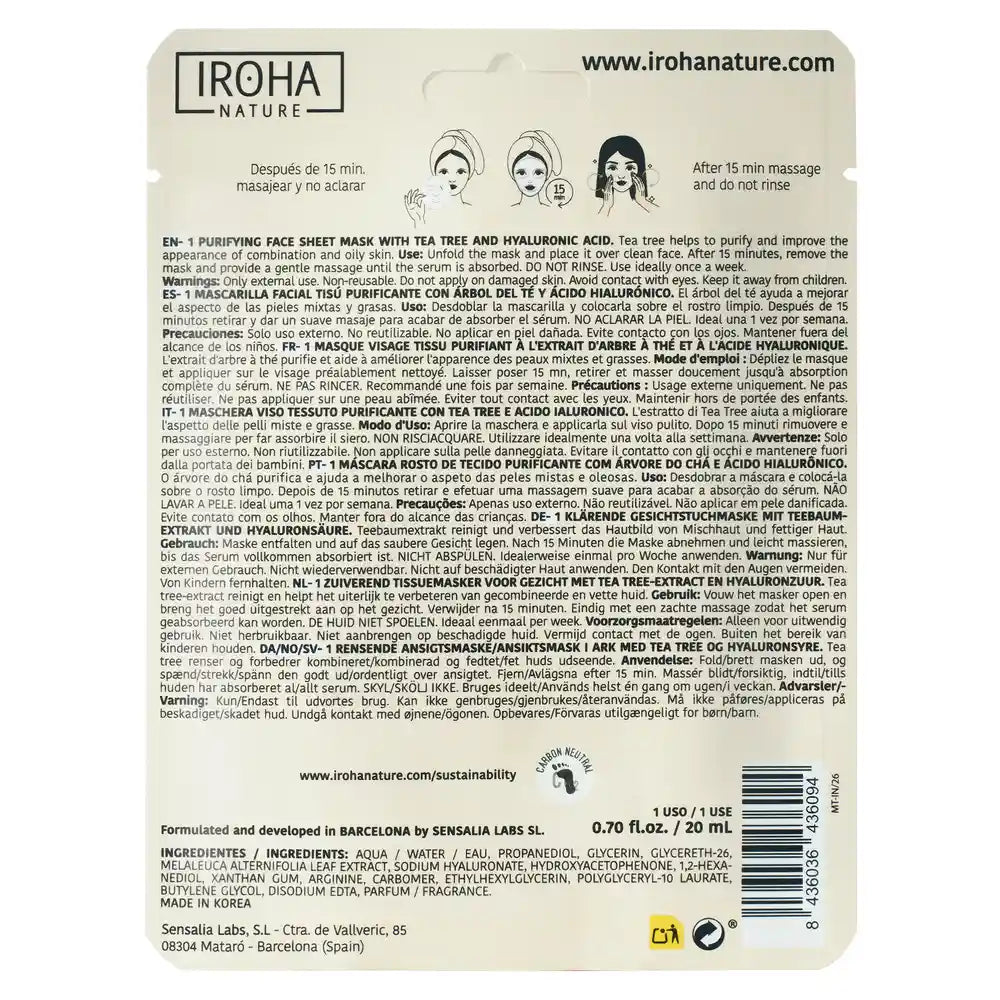 Iroha Nature Natürliche Extrakte Reinigende Teebaum Gesichtsmaske, 20 Ml