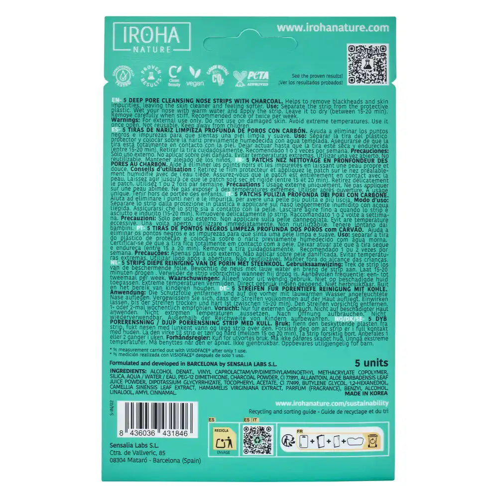Iroha Nature Deep Cleansing Nose Strips Mitesser - Holzkohle, 5 Stück.