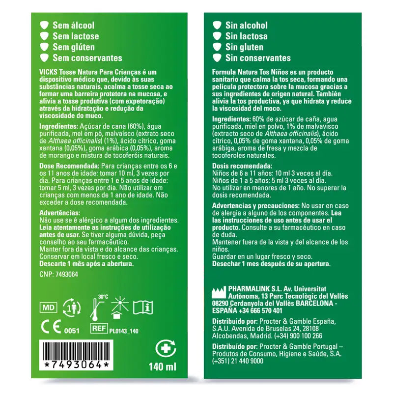 Vicks Formula Natura Hustensirup Kinder Honig-Erdbeer-Geschmack, 140 ml