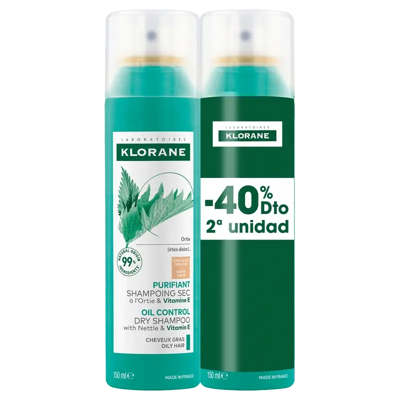 Klorane Natural Brennnessel Trockenshampoo Packung Fettiges Braunes Haar 2x150ml 40% RABATT