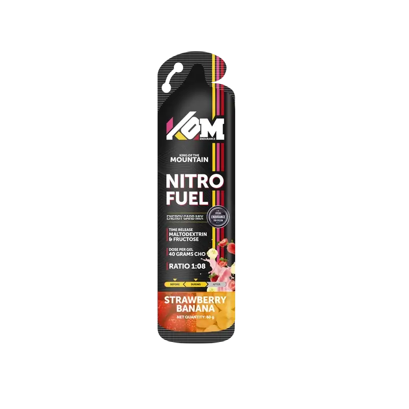 Kom Endurance Sports Nutrition Gels, Schachtel mit 18 Gels à 60 g mit Erdbeer-Bananen-Geschmack.