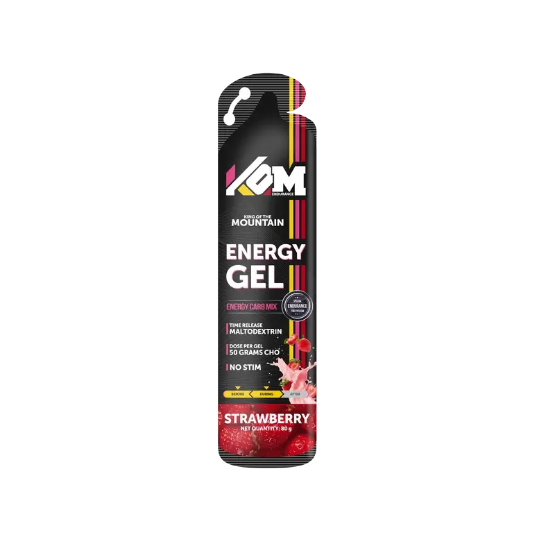 Kom Endurance Sports Nutrition Gels, Schachtel mit 18 Gels à 80 g, Erdbeergeschmack.