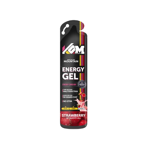 Kom Endurance Sports Nutrition Gels, Schachtel mit 18 Gels à 80 g, Erdbeergeschmack.