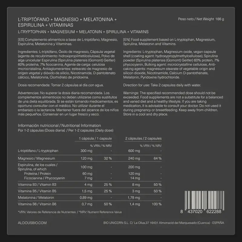 Aldous Labs L-Tryptophan Premium Melatonin 1,78 mg Magnesium, 200 vegetarische Kapseln
