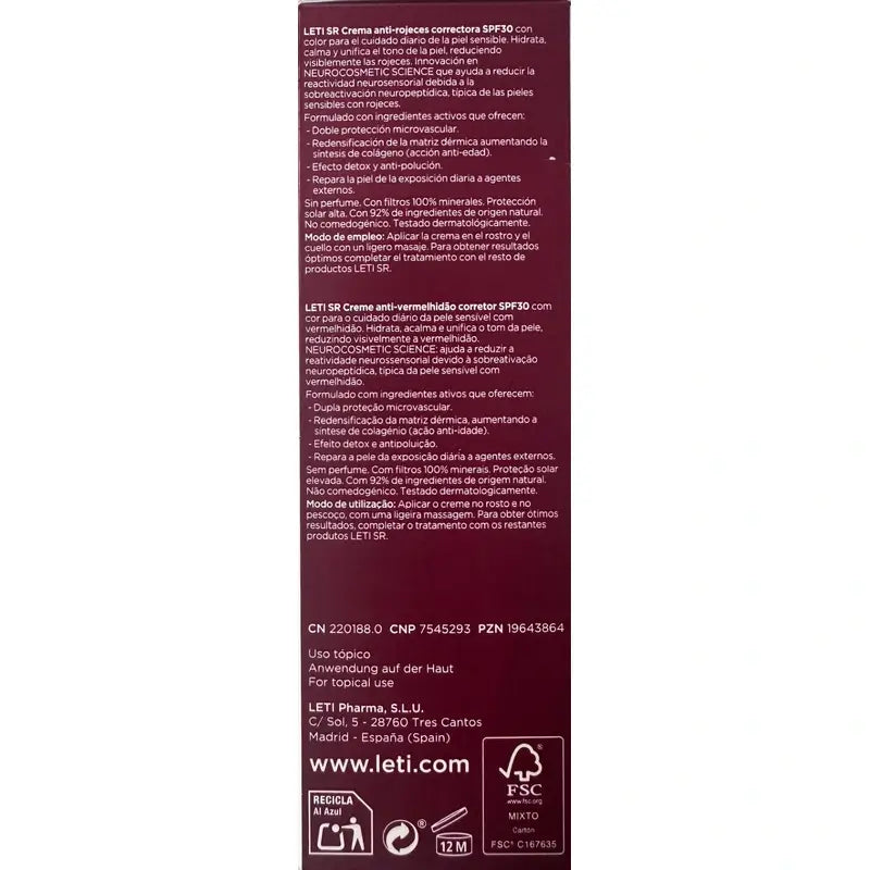 Leti Sr Antiredness Korrekturcreme Spf30 mit Farbe , 40 ml