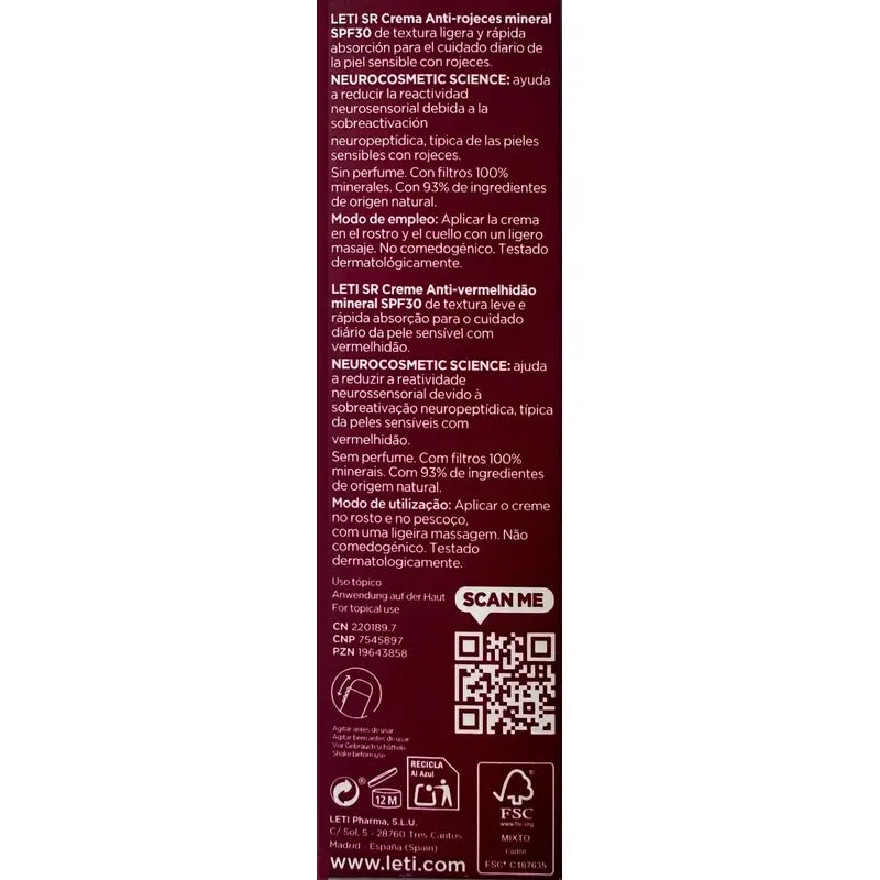 Leti Sr Antiredness Mineral Creme Spf30 , 40 ml