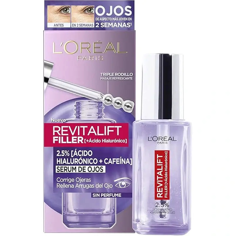 L'Oréal Paris Revitalift Filler Augenserum: 2,5% Hyaluronsäure & Koffein, Dreifach-Roll-On