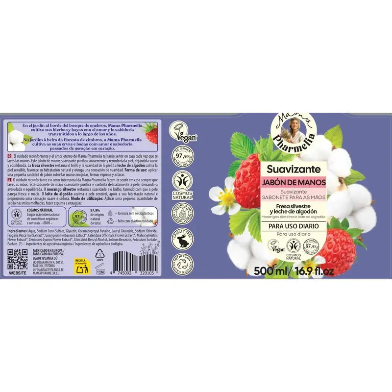 Mama Pharmelia Beruhigende Handseife mit Walderdbeere & Baumwollmilch, 500 ml