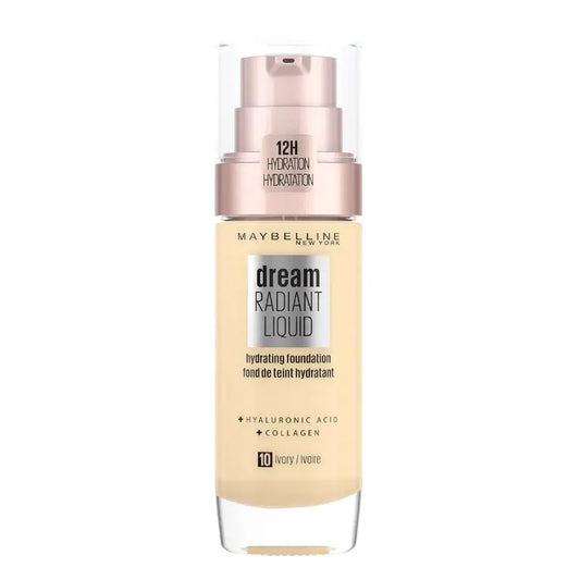 Maybelline New York Dream Radiant Liquid 10 Ivory: Feuchtigkeitsspendende Foundation mit Hyaluronsäure und Kollagen, helle Haut, 30ML