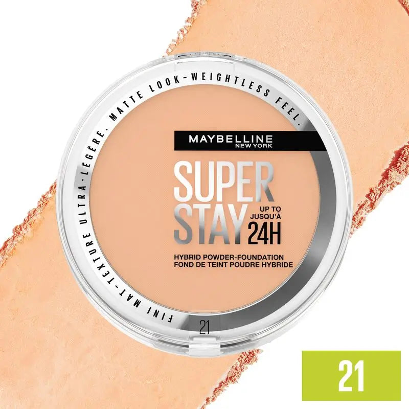 Maybelline New York Superstay Hybrid 24H Powder Foundation, Superabdeckung, Superleicht, bis zu 24 Stunden, Farbton 21