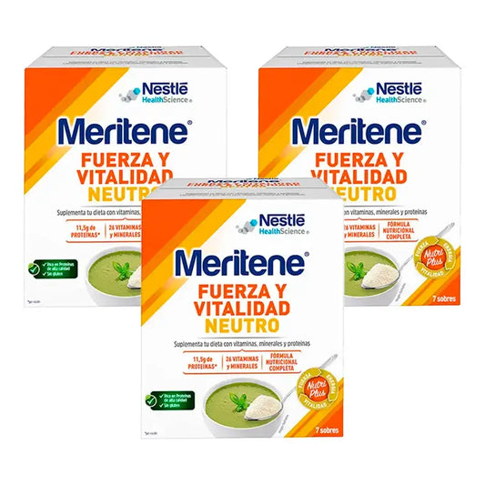 Meritene Kraft und Vitalität Shake Neutral Geschmack, Pack 3 Boxen 7 Beutel x 50 Gramm