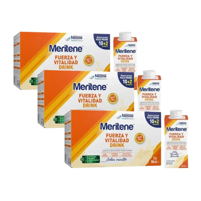 Meritene Kraft- und Vitalitätsgetränk Vanille, 3er-Pack 10+2 x 180 ml