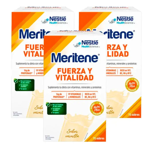Meritene Kraft & Vitalität Vanille, Packung mit 3 x 15 Beuteln