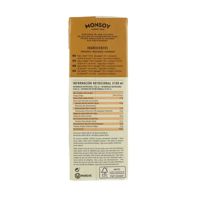 Monsoy Mandel-Gemüse-Getränk mit Haferflocken 1Lt 6Ucs.Bio