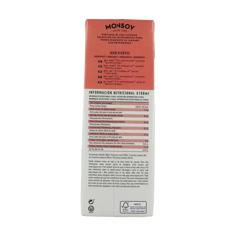 Monsoy Haferflocken pflanzliches Getränk 0% Zucker 1Lt 6Pcs. bio