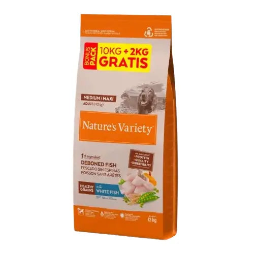 Nature'S Variety Healthy Grain Adult Medium Maxi White Fish Hundefutter 10+2Kg