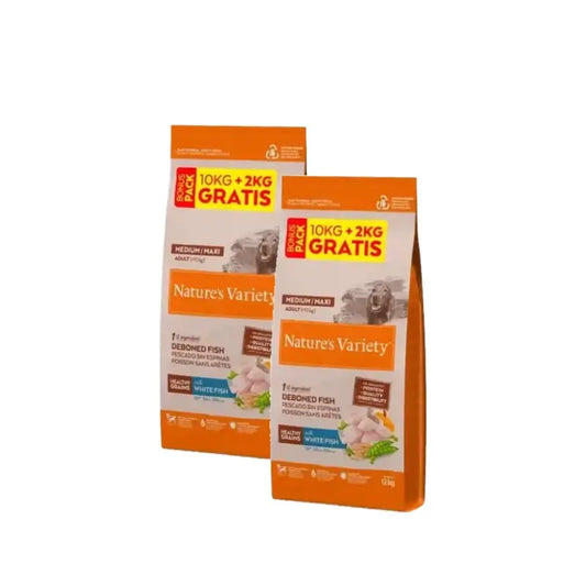 Nature'S Variety Healthy Grain Adult Medium Maxi Weißfisch Hundefutter, 2er-Pack à 10+2 kg