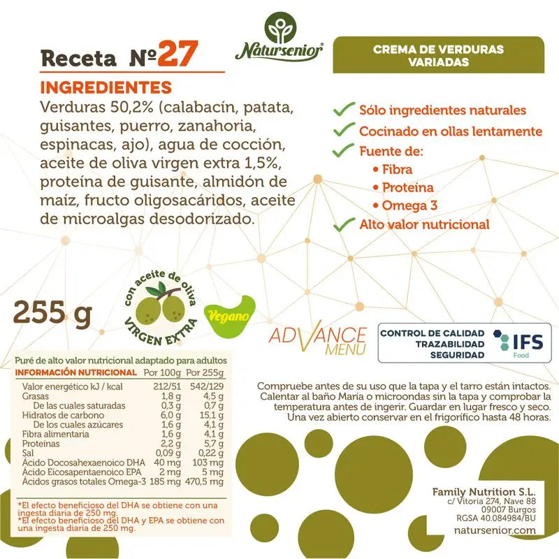 Natursenior Adult Vegetable Cream Mischgemüse mit Omega 3 Dha, Präbiotika und Eiweiß. , 255 gr
