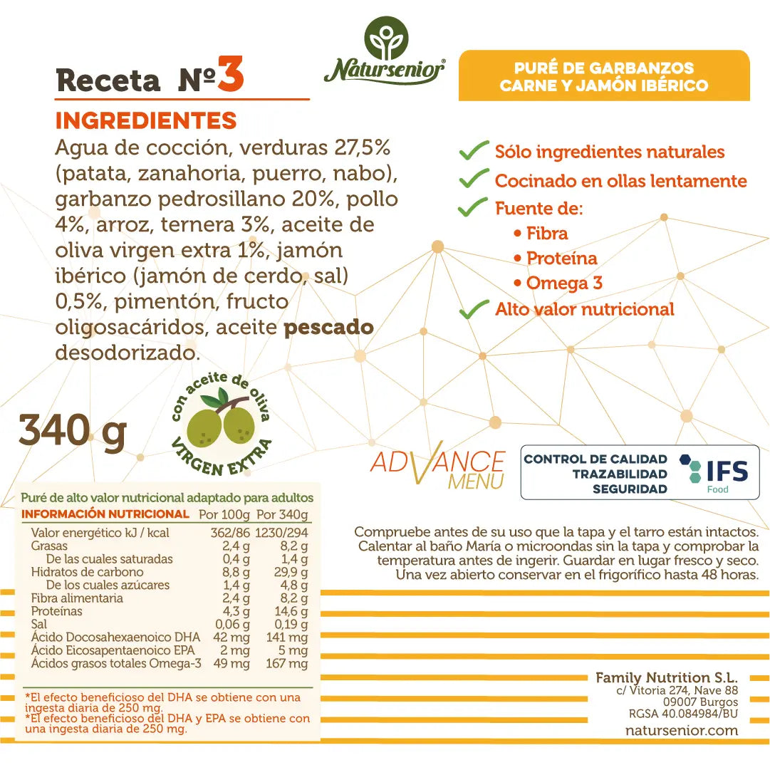 Natursenior Adult Kichererbsenpüree mit Fleisch und iberischem Schinken mit Omega 3 Dha+Epa, Präbiotika und Proteinen. , 340 gr
