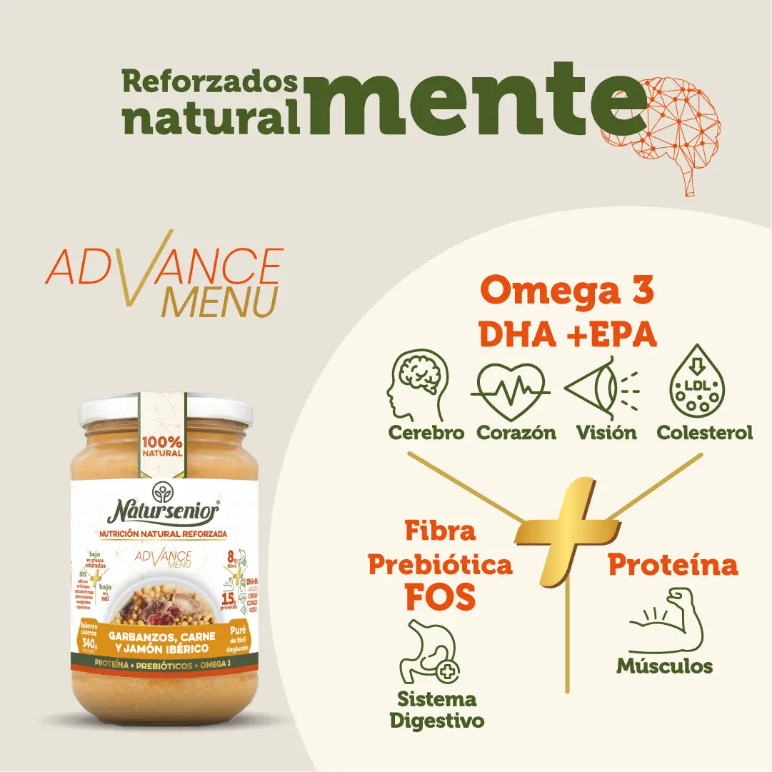 Natursenior Adult Kichererbsenpüree mit Fleisch und iberischem Schinken mit Omega 3 Dha+Epa, Präbiotika und Proteinen. , 340 gr
