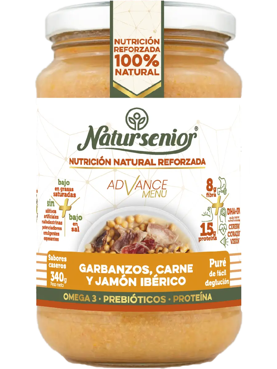 Natursenior Adult Kichererbsenpüree mit Fleisch und iberischem Schinken mit Omega 3 Dha+Epa, Präbiotika und Proteinen. , 340 gr