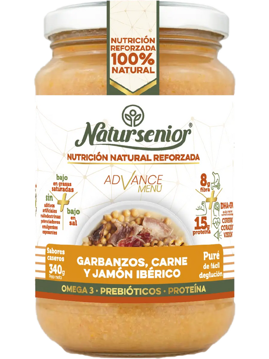 Natursenior Adult Kichererbsenpüree mit Fleisch und iberischem Schinken mit Omega 3 Dha+Epa, Präbiotika und Proteinen. , 340 gr