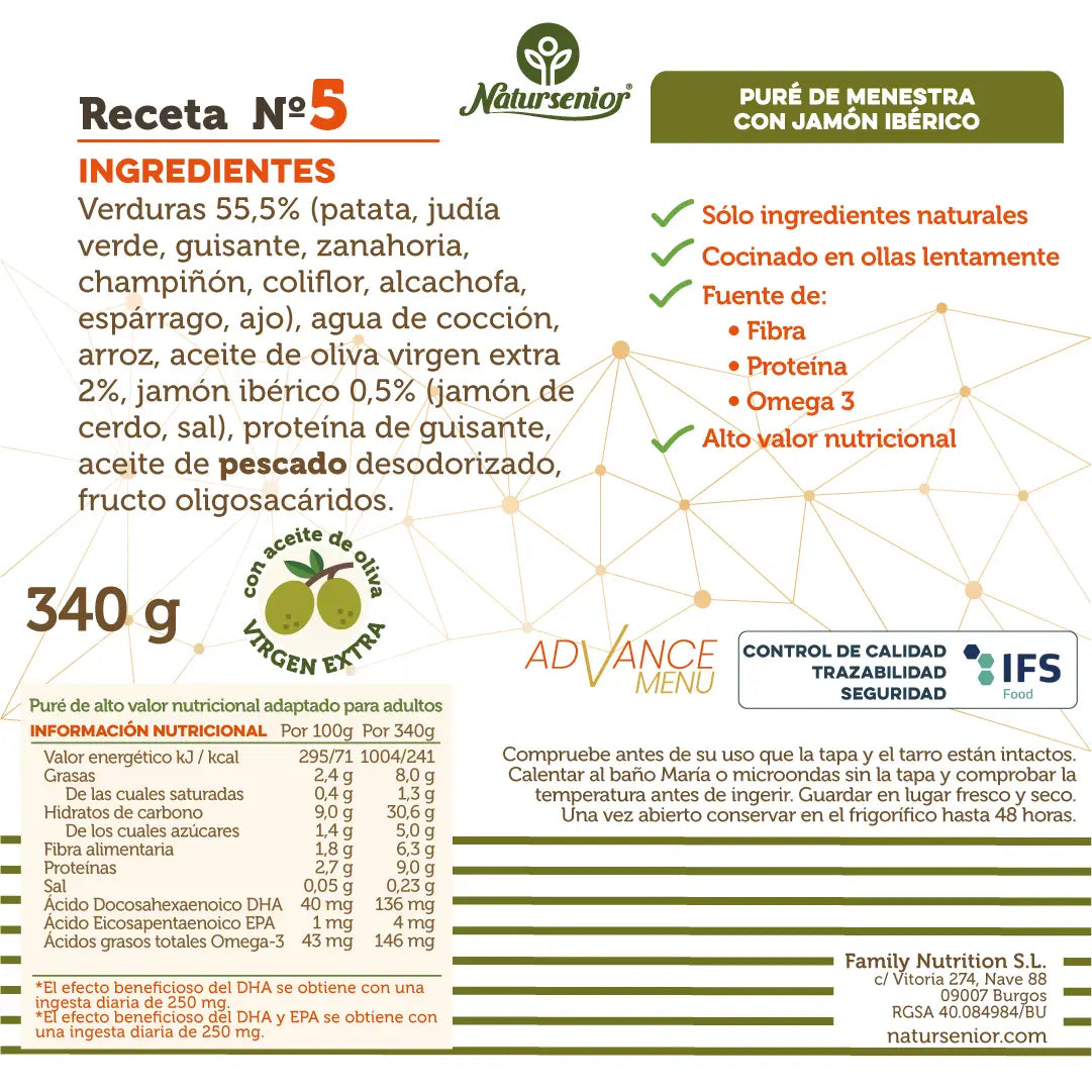 Natursenior Adult Breimahlzeit mit iberischem Schinken mit Omega 3 Dha+Epa, Präbiotika und Proteinen. , 340 gr