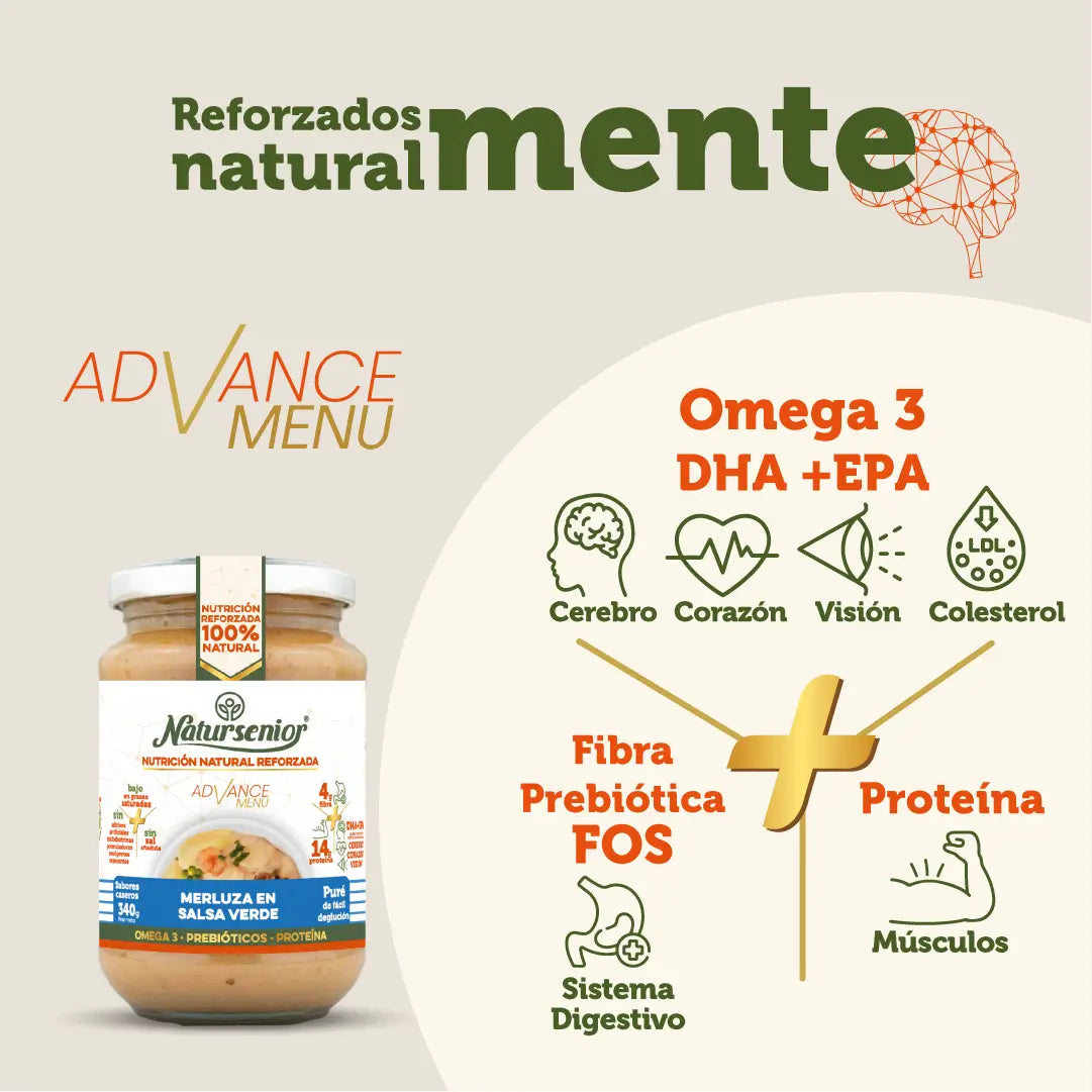 Natursenior Adult pürierter Seehecht in grüner Soße, verstärkt mit Omega 3 Dha+Epa, Präbiotika und Eiweiß. , 340 gr
