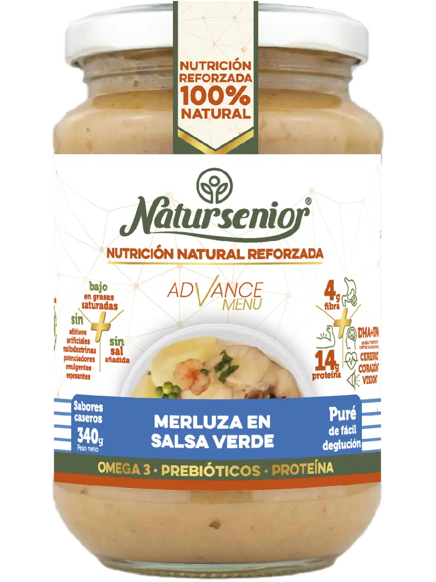 Natursenior Adult pürierter Seehecht in grüner Soße, verstärkt mit Omega 3 Dha+Epa, Präbiotika und Eiweiß. , 340 gr