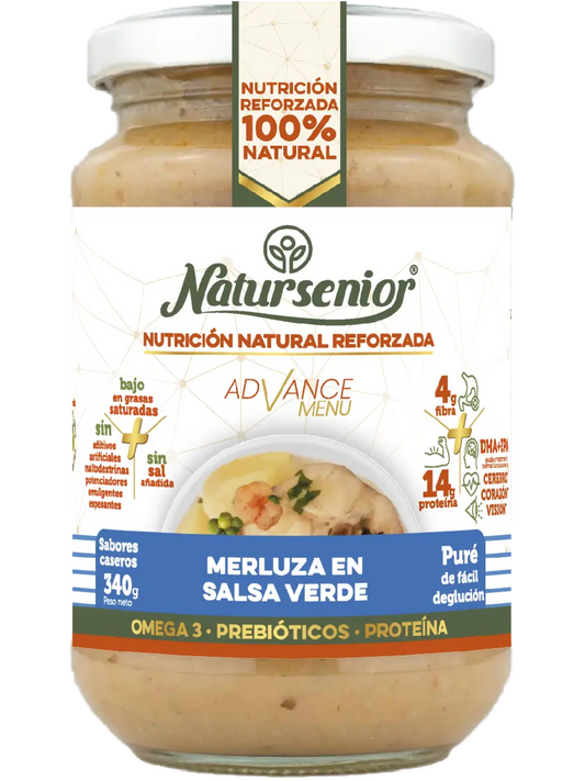 Natursenior Adult pürierter Seehecht in grüner Soße, verstärkt mit Omega 3 Dha+Epa, Präbiotika und Eiweiß. , 340 gr