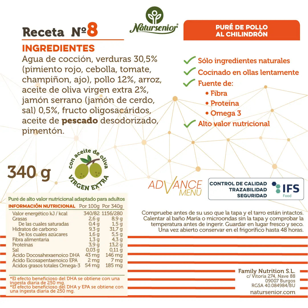 Natursenior Adult Hühnerbrei mit Omega 3 Dha+Epa, Präbiotika und Proteinen. , 340 gr