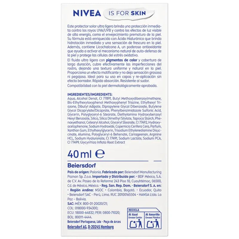 Nivea Sun Ultra Light Tägliches Gesichtsfluid Helle Tönung Spf50+ 40Ml