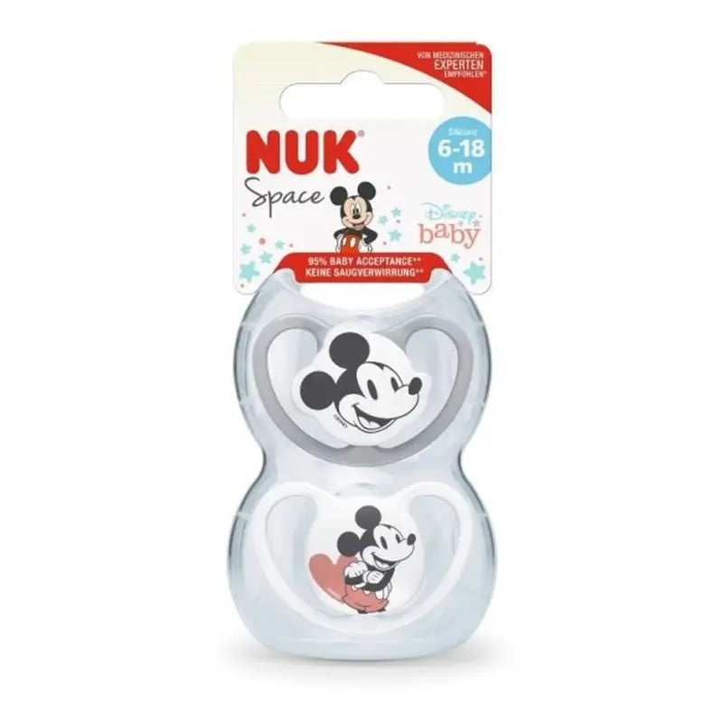 Nuk Schnuller Raum Mickey Mouse Grau T2 6-18M Silikon, 2 Einheiten