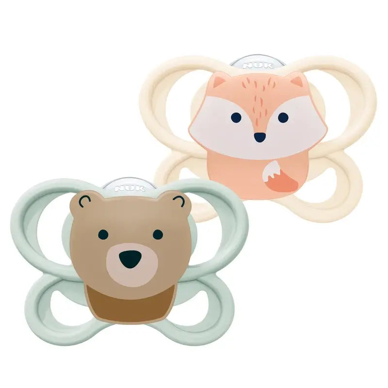 NUK Perfect Match Air Schnuller aus Silikon T0 0–2 Monate Fuchs/Bär, 2 Stück
