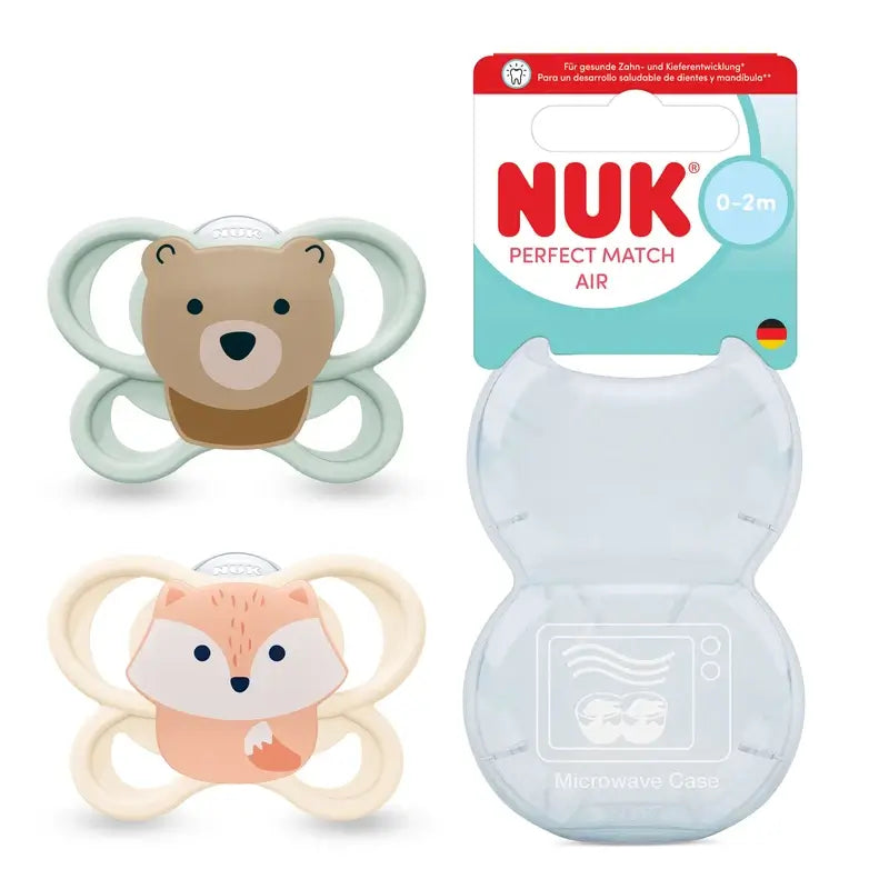 NUK Perfect Match Air Schnuller aus Silikon T0 0–2 Monate Fuchs/Bär, 2 Stück