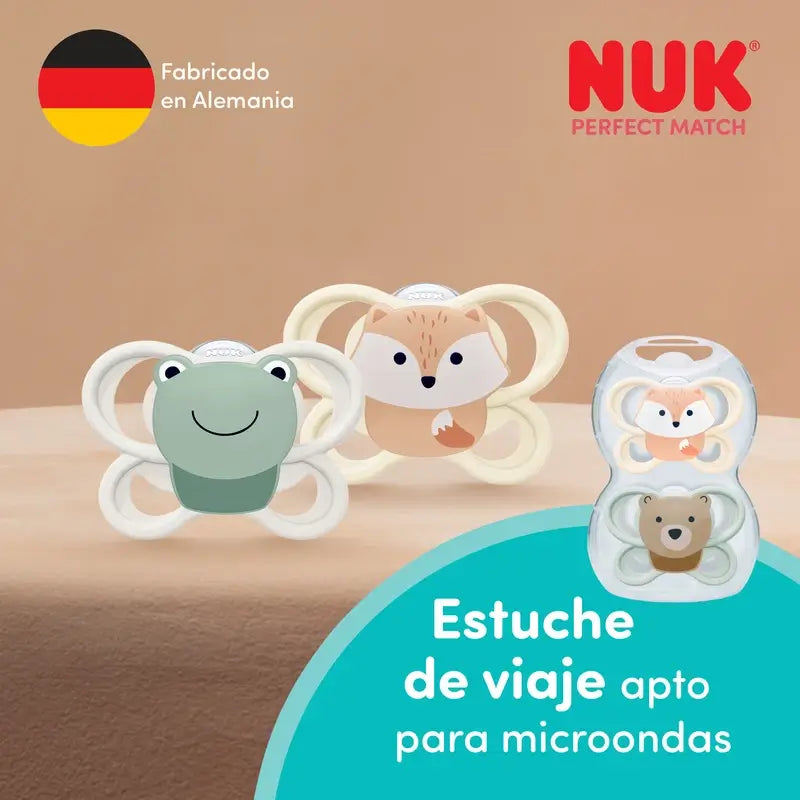 NUK Perfect Match Air Schnuller aus Silikon T0 0–2 Monate Fuchs/Bär, 2 Stück