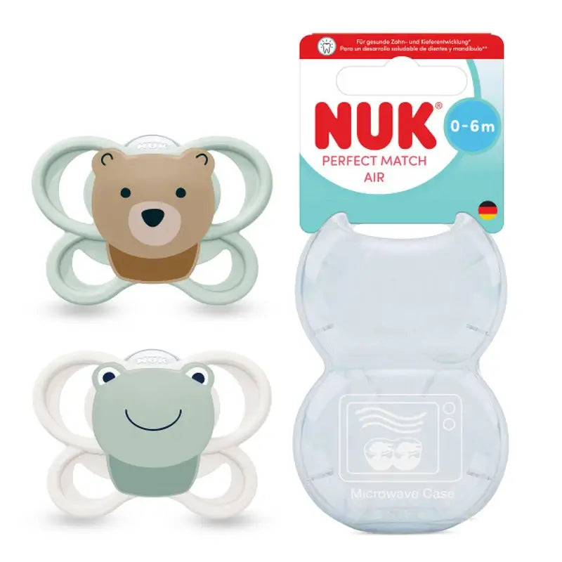 NUK Perfect Match Air Schnuller aus Silikon T1 0–6 Monate Bär/Frosch, 2 Stück