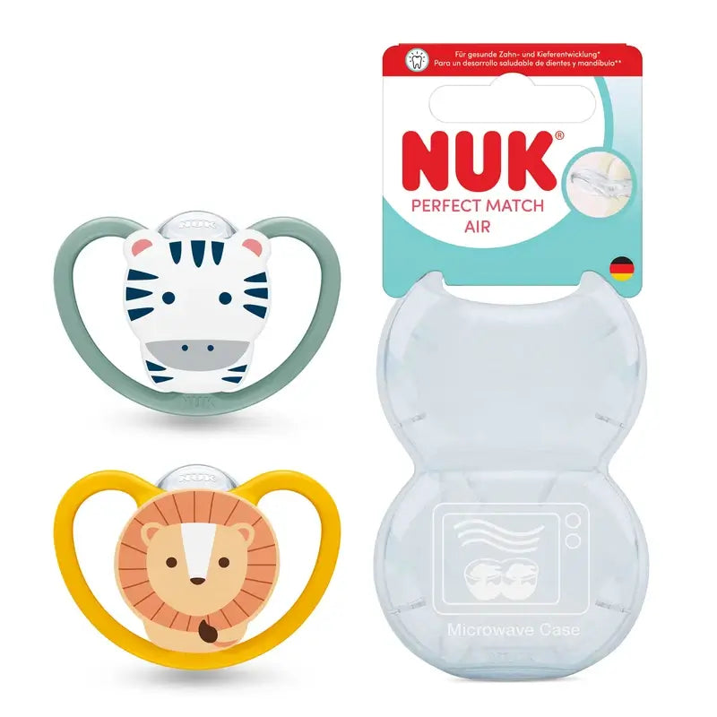 NUK Perfect Match Air Schnuller aus Silikon T2 6–18 Monate Zebra/Löwe, 2 Stück
