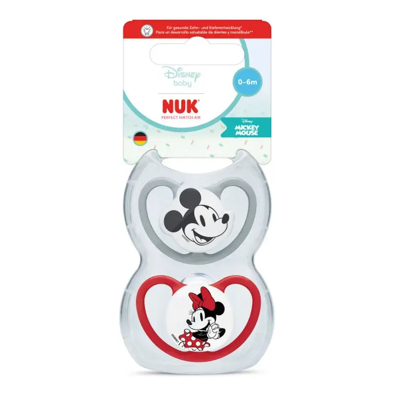 NUK Perfect Match Air Schnuller aus Silikon T1 0–6 Monate Mickey Mouse Rot/Grau, 2 Stück