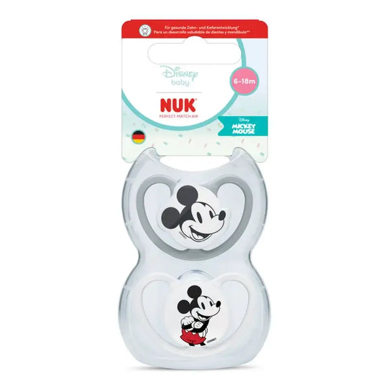 NUK Perfect Match Air Schnuller aus Silikon T2 6–18 Monate Mickey Mouse Grau/Weiß, 2 Stück