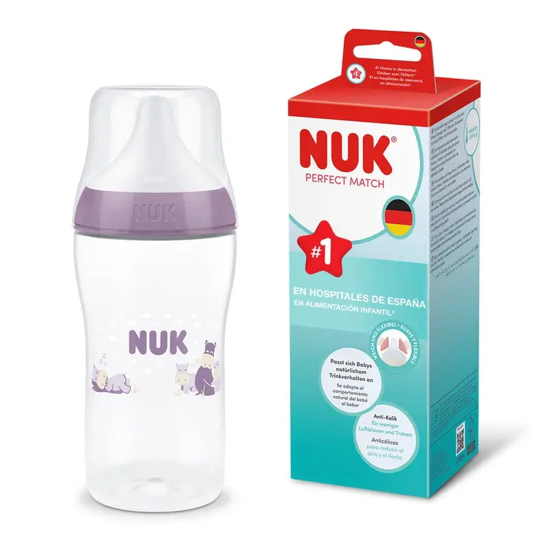 NUK Perfect Match Babyflasche 260 ml, Sauger M, ab 3 Monaten, Nilpferd