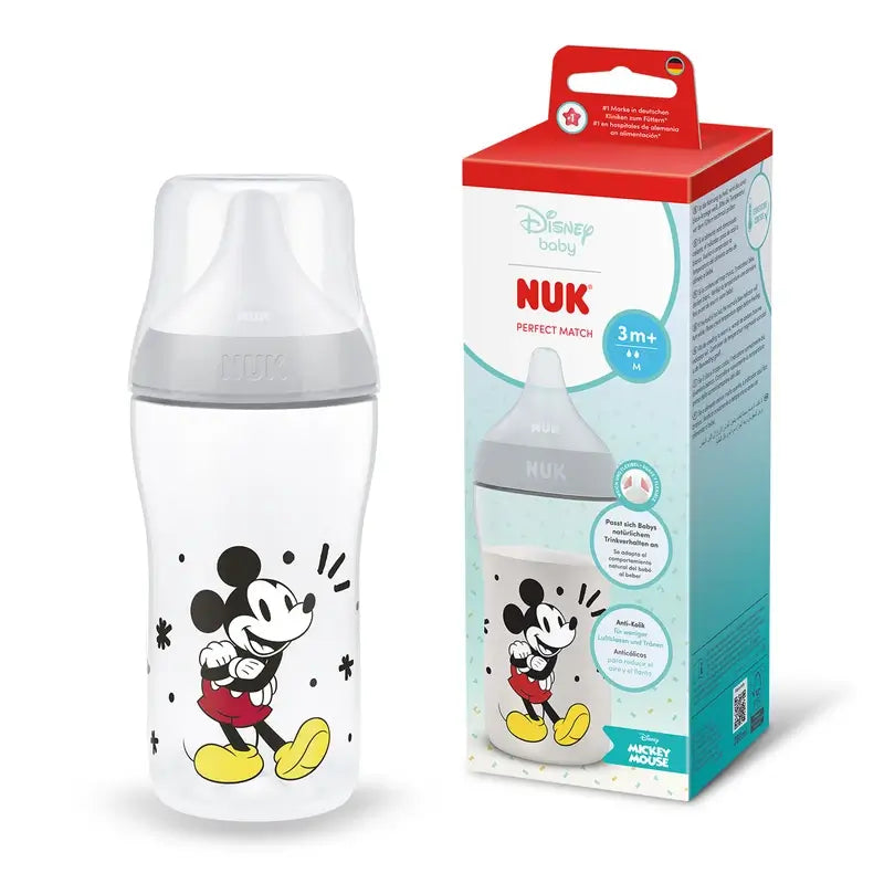 NUK Perfect Match Babyflasche 260 ml, Sauger M, ab 3 Monaten, Mickey Mouse, grau