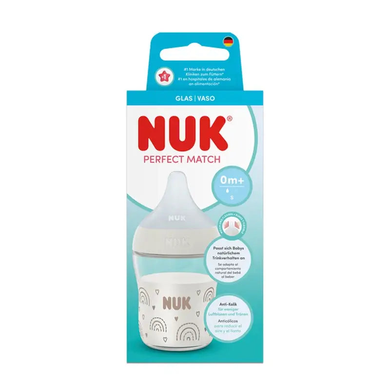 NUK Perfect Match Glasflasche 120 ml, Sauger S 0m+, Regenbogen